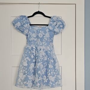 Girls Blue Floral Puff-Sleeve Dress